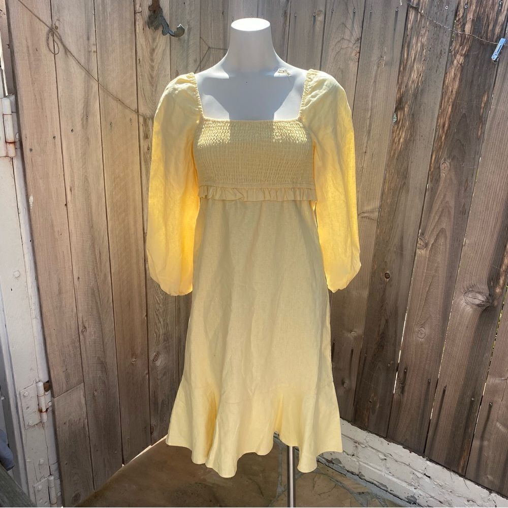 For All Mankind yellow linen Midi Dress With Puff Sleeves Ruffle Smocked Top XS